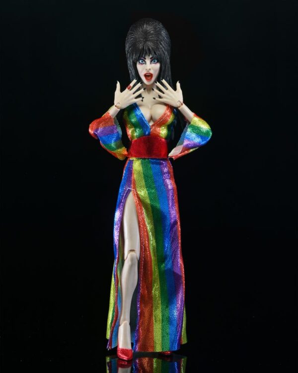 Elvira, Mistress Of The Dark Clothed Action Figura Over The Arcobaleno Elvira 20 Cm Neca