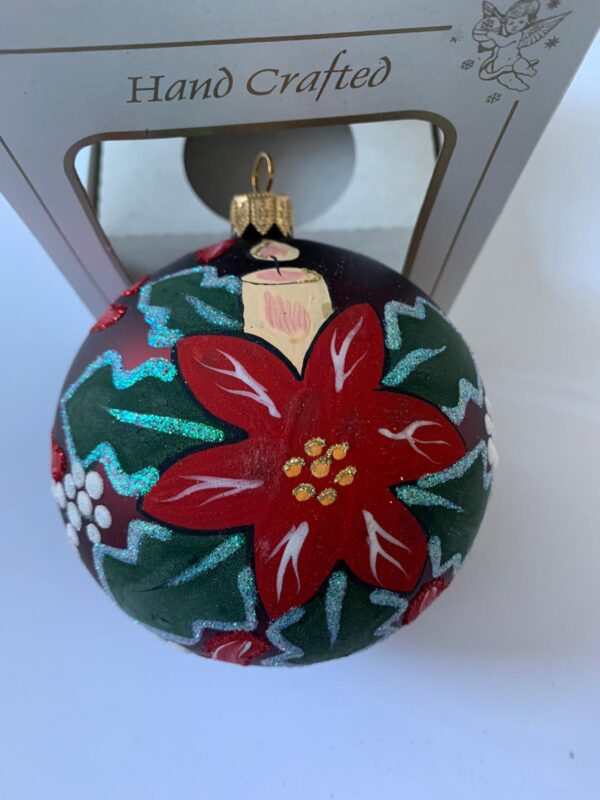 PALLINA CON CANDELA E FIORE DIPINTA A MANO 10 CM ADDOBBI NATALE