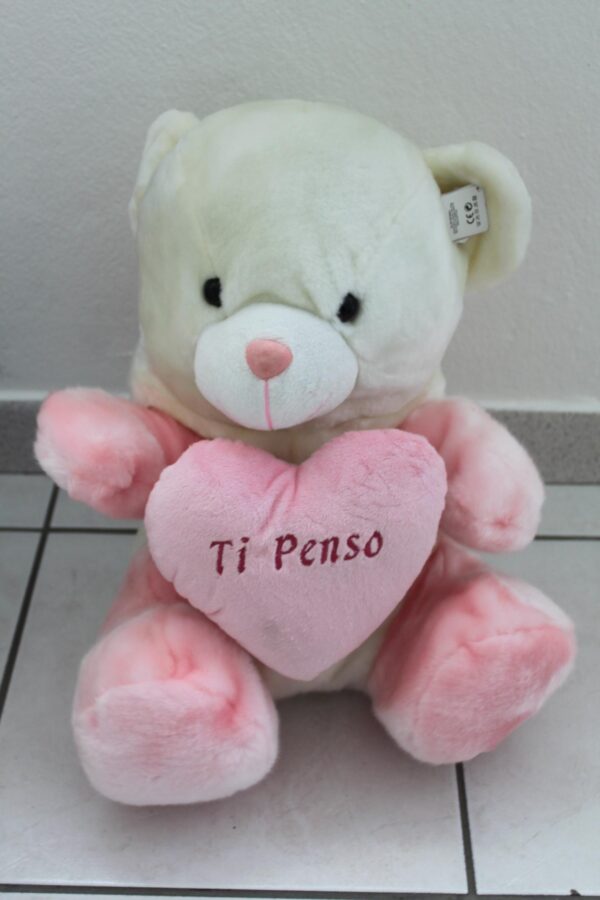 Peticoco - Peluche Orso bianco con cappuccio bianco rosa e cuore 40cm