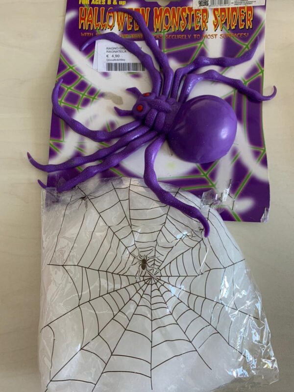 RAGNO GRANDE VIOLA CON RAGNATELA DECORAZIONI HALLOWEEN
