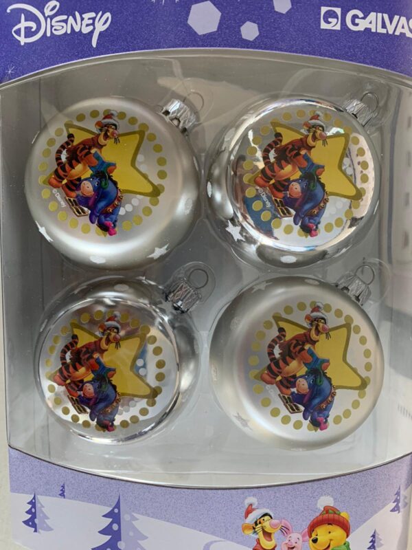 SET 4 PALLINE ARGENTO WINNIE THE POOH TIGRO E HI-HO 12 CM ADDOBBI NATALE