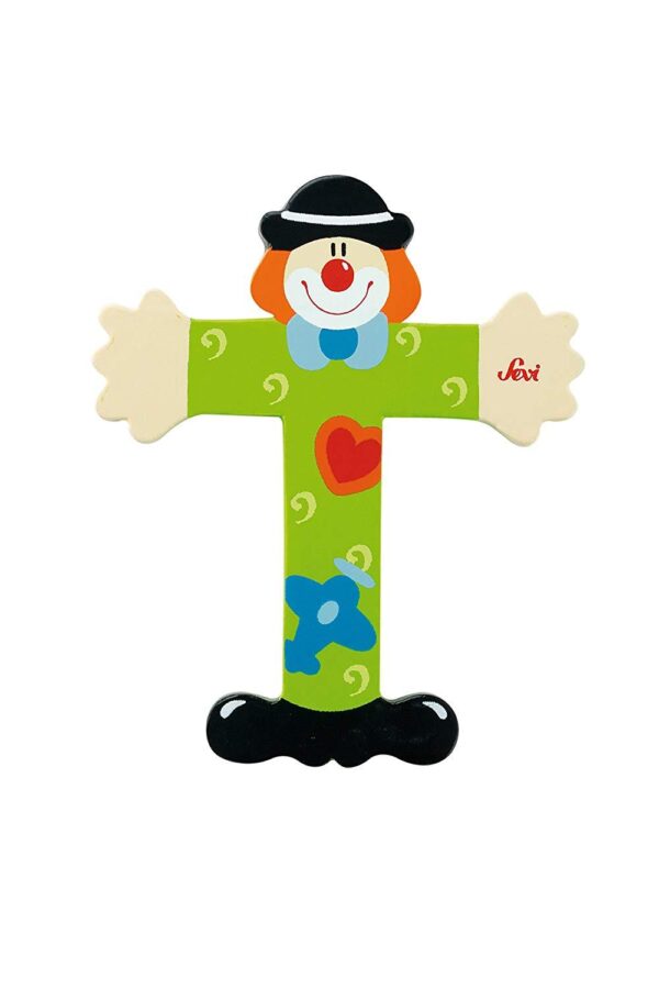 Trudi Sevi 81756 - Letteraa T In Legno A Forma Di Clown Verde 9,5 Cm Decorazione
