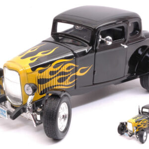 Motormax MTM73171BKY FORD HOT ROD WINDOW COUPE' 1932 BLACK/YELLOW FLAME 1:18 Modellino