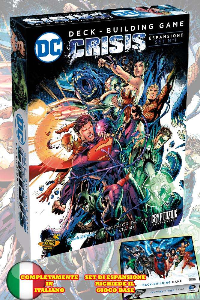 CRYPTOZOIC COSMIC GAMES DC DECK BUILDING GAME CRISIS ESPANSIONE ITA SCATOLA ROVINATA
