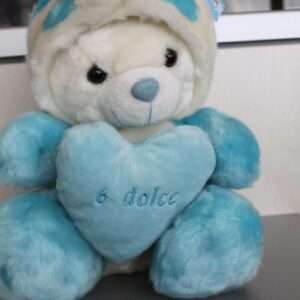 Peluche Orso bianco con cappuccio bianco azzurro cuore 30 cm Peticoco