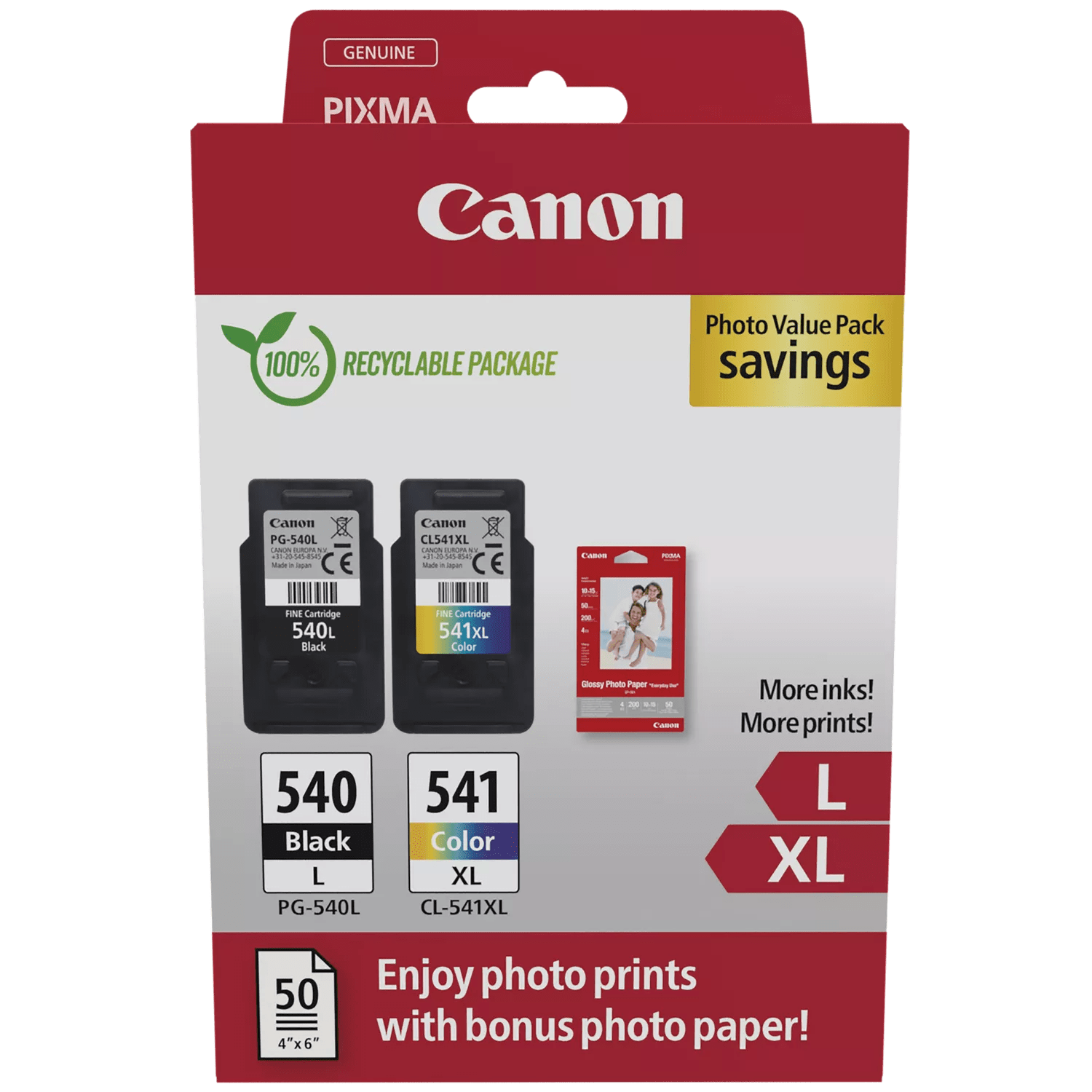 Multipack Originale B/C/M/Y (PG-540L x1 + CL-541XL x1) + Carta Foto (50 fogli 10x15cm)