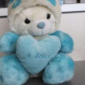 Peluche Orso bianco con cappuccio bianco azzurro cuore 30 cm Peticoco