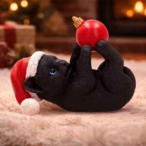 Black Cat In Santa Cappello Playing Con Bauble Figura Figura Nemesis Now